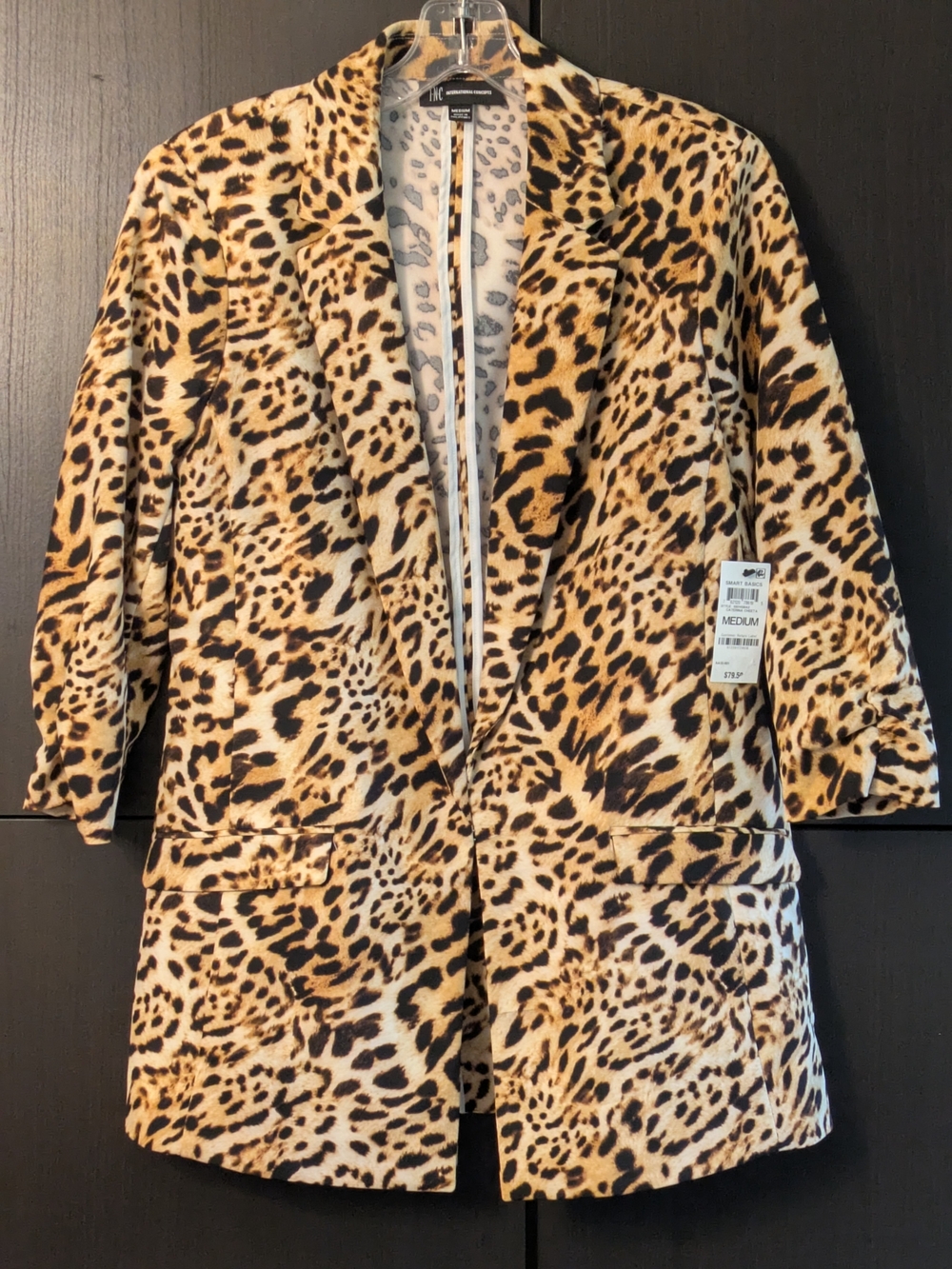 INC International Concepts Leopard Print Blazer 3/4 Sleeves Tan and Black Sz M